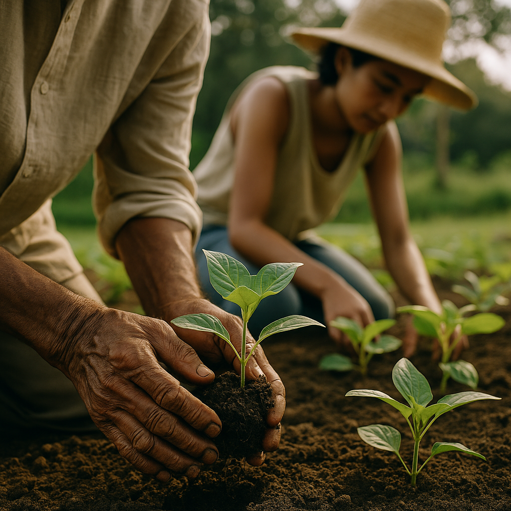Hands planting young green shoots in rich soil, symbolizing regeneration and sustainable culture.